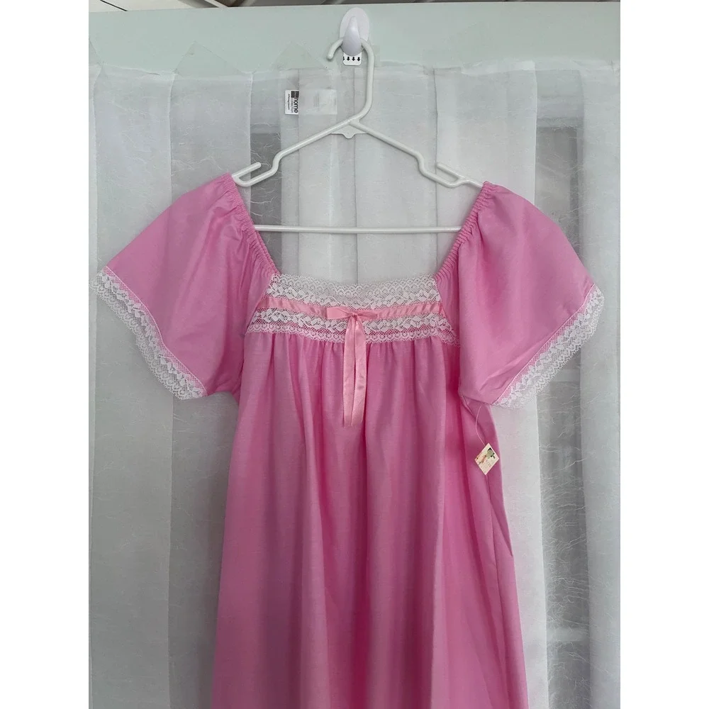 Mistra Vintage Pink Lace Trim‎ Nightgown Maxi Sleepwear Medium Cottagecore Bow
